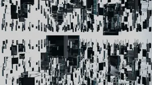 3D abstract geometric design featuring floating black blocks on a white background. jigsaw puzzle