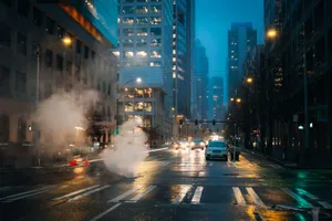 City street scene on a rainy evening. jigsaw puzzle