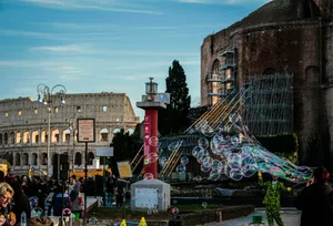 A crowd of people standing around a building jigsaw puzzle