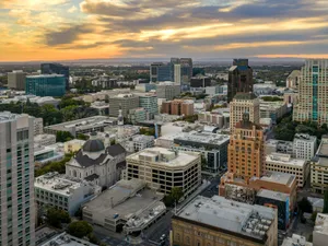 Aerial view of a city skyline at sunset. jigsaw puzzle
