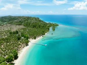 Aerial view of tropical beach, pier, and turquoise ocean. jigsaw puzzle