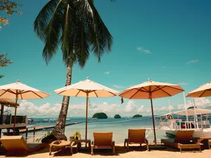 Beach chairs and umbrellas on a tropical island. jigsaw puzzle