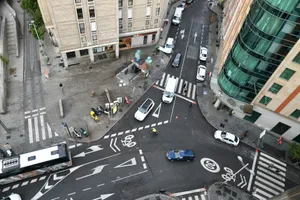 Busy city street intersection with cars and tram. jigsaw puzzle