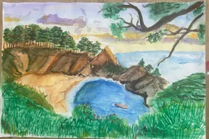 Watercolor painting of a coastal landscape with a beach. jigsaw puzzle