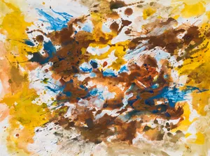 Abstract watercolor painting with brown, yellow, and blue splashes. jigsaw puzzle