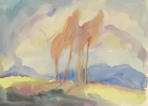 Watercolor painting of trees on a hill jigsaw puzzle