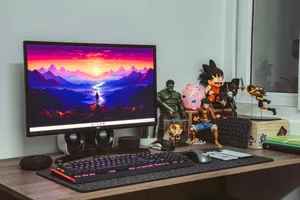 a desktop computer sitting on top of a wooden desk jigsaw puzzle