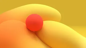 A red sphere sits on yellow, wavy shapes. jigsaw puzzle