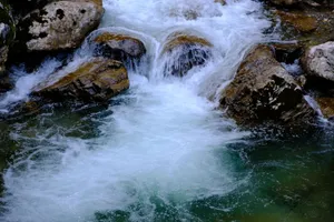 A peaceful waterfall cascading over rocks in a serene forest setting, showcasing nature's beauty. jigsaw puzzle