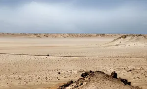Expansive view of Dakhla desert landscape with a clear sky and rugged terrain. jigsaw puzzle