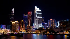 Stunning view of Ho Chi Minh City skyline illuminated against the night sky, showcasing modern architecture. jigsaw puzzle