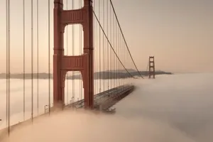 A stunning view of the Golden Gate Bridge enveloped in dense morning fog, creating a serene scene. jigsaw puzzle