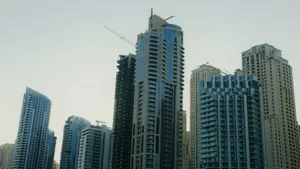 Dramatic view of tall skyscrapers forming a city skyline, showcasing urban architecture. jigsaw puzzle