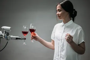 A woman and a robotic arm clink glasses of red wine, symbolizing technological harmony. jigsaw puzzle