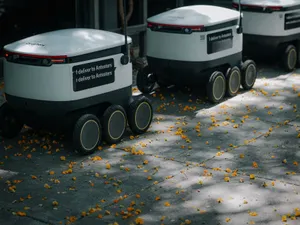 Futuristic delivery robots navigating a leaf-strewn sidewalk, showcasing innovation in modern urban logistics. jigsaw puzzle