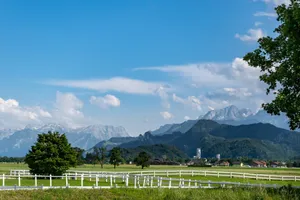 A white fence in a field with mountains in the background jigsaw puzzle