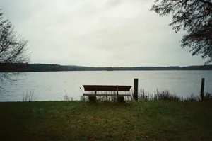 Wooden bench facing a calm lake under overcast sky jigsaw puzzle