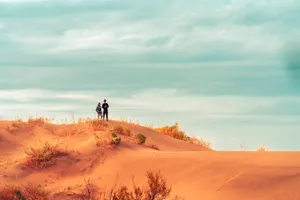 Two people stand on a sand dune under a cloudy sky jigsaw puzzle