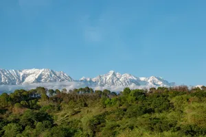 Experience the beauty of a snow-capped mountain range under a clear blue sky, set against lush green forests. jigsaw puzzle