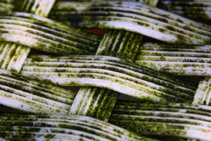 Detailed macro shot of a moss-covered woven texture displaying unique patterns and colors. jigsaw puzzle