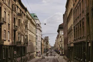 A vibrant street scene showcasing the historic architecture of Zagreb, Croatia's city center. jigsaw puzzle