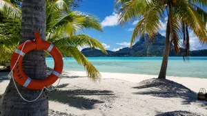 Tropical paradise with palm trees, turquoise water, and a life preserver on a beach. jigsaw puzzle