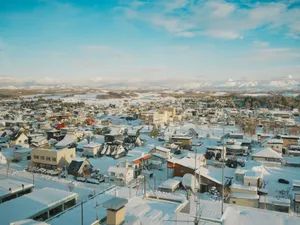 Scenic aerial view of a snow-covered town in Hokkaido, Japan during winter. jigsaw puzzle