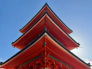 Captivating shot of a traditional red pagoda in Kyoto, Japan against a clear blue sky. jigsaw puzzle