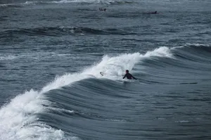 Exciting surfing scene capturing a surfer riding the ocean waves with skill. jigsaw puzzle