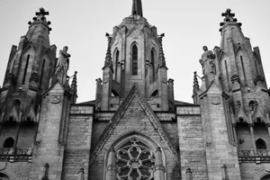 Stunning neo-gothic cathedral facade captured in black and white in Barcelona, Spain. jigsaw puzzle