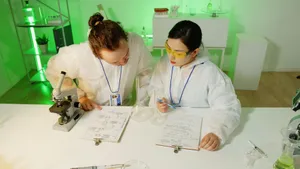 Two scientists in protective gear discussing experiments in a modern laboratory. jigsaw puzzle