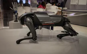 A futuristic robot dog, the Cyberdog, on display in an indoor setting, showcasing advanced robotics technology. jigsaw puzzle