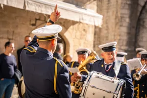 A vibrant outdoor scene of a marching band performing with visible instruments and uniforms. jigsaw puzzle