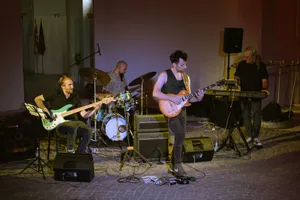 A band performing live music on stage with guitar, bass, and drums. jigsaw puzzle