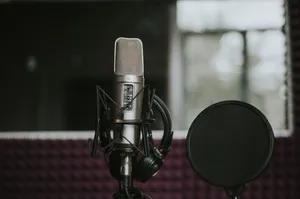 Close-up of a microphone with pop filter in a modern music studio environment. jigsaw puzzle