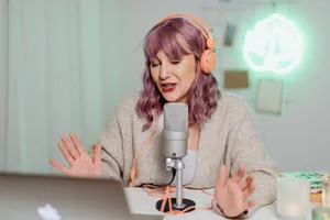 Woman podcasting indoors with headphones and microphone, engaging in recording or live stream. jigsaw puzzle
