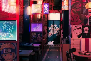 A vibrant anime-themed restaurant with neon lights and Japanese decor in Tokyo. jigsaw puzzle